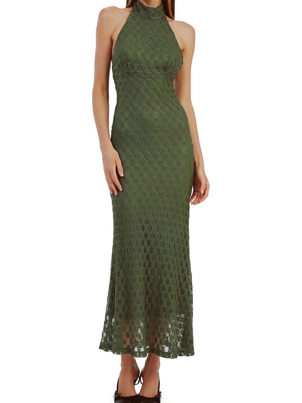 Bardot Ola lace Olive Green Halter Crochet Maxi Dress